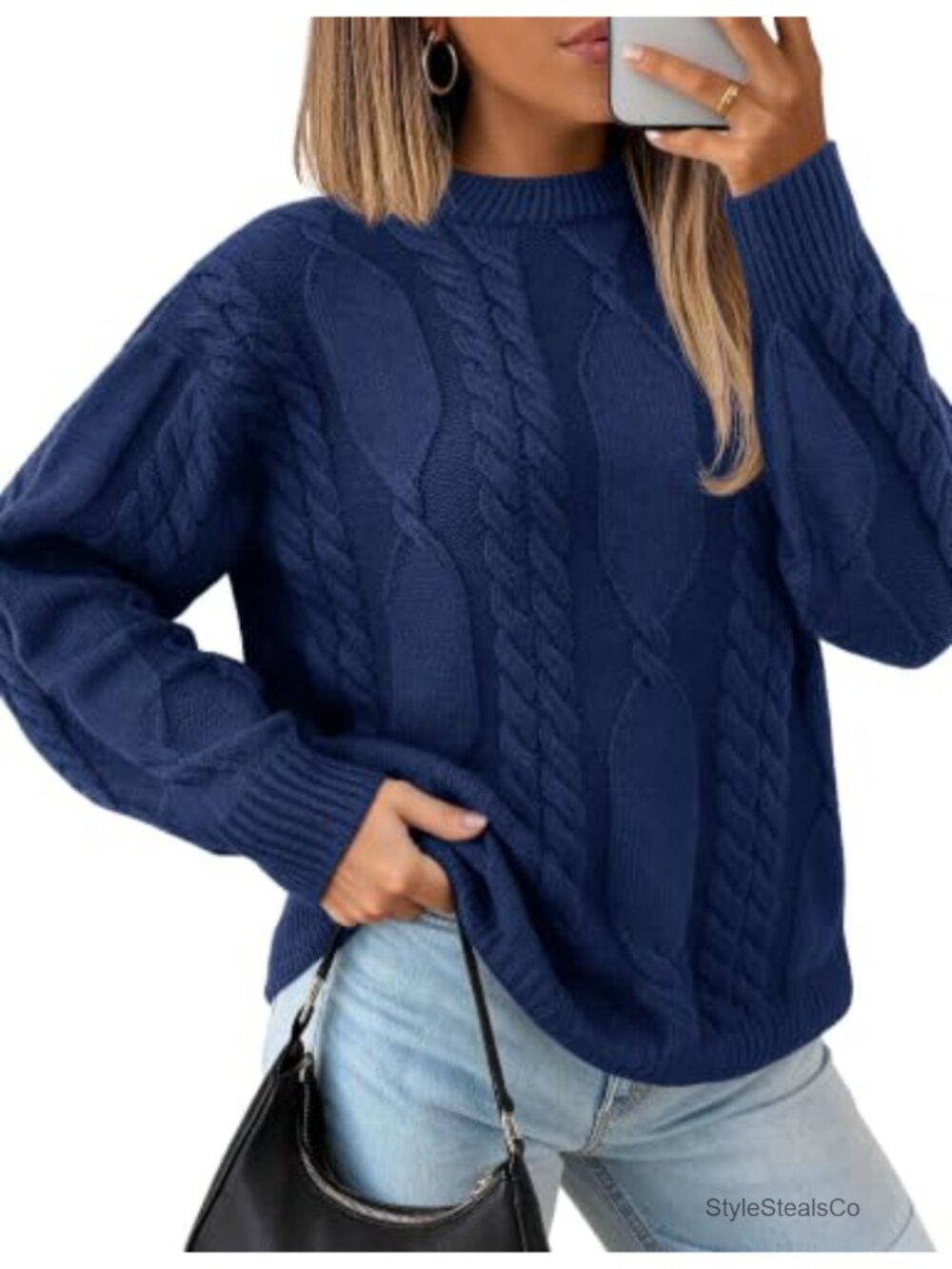 Cable Knit Pullover Sweater Long Sleeve Crewneck Womens